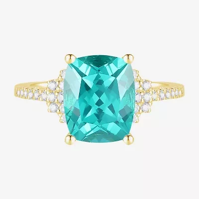 Womens Lab Created Green Yttrium Aluminum Garnet 14K Gold Over Silver Cushion Side Stone Cocktail Ring