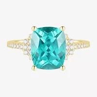 Womens Lab Created Green Yttrium Aluminum Garnet 14K Gold Over Silver Cushion Side Stone Cocktail Ring