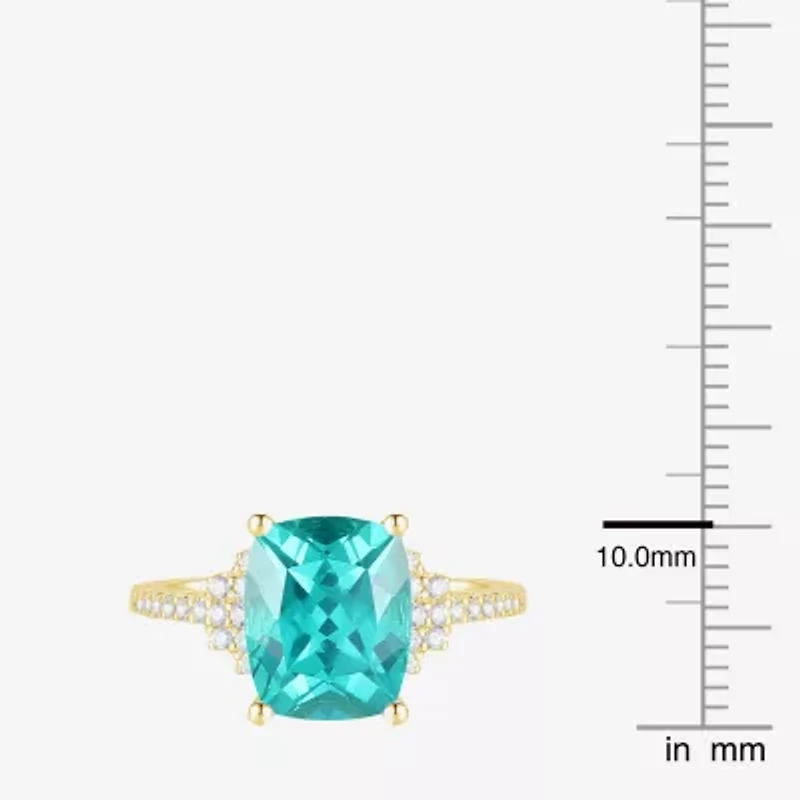 Womens Lab Created Green Yttrium Aluminum Garnet 14K Gold Over Silver Cushion Side Stone Cocktail Ring