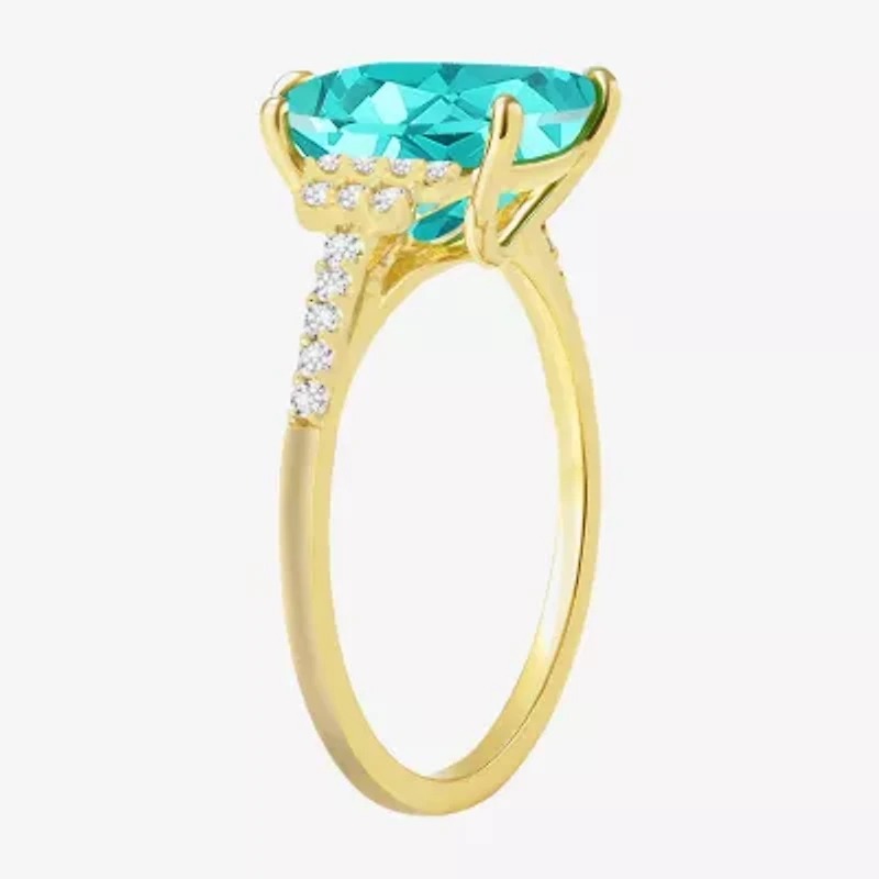 Womens Lab Created Green Yttrium Aluminum Garnet 14K Gold Over Silver Cushion Side Stone Cocktail Ring