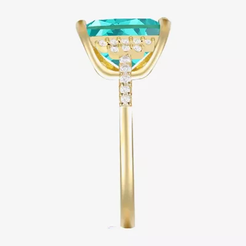 Womens Lab Created Green Yttrium Aluminum Garnet 14K Gold Over Silver Cushion Side Stone Cocktail Ring