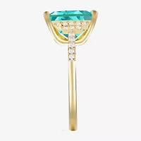 Womens Lab Created Green Yttrium Aluminum Garnet 14K Gold Over Silver Cushion Side Stone Cocktail Ring