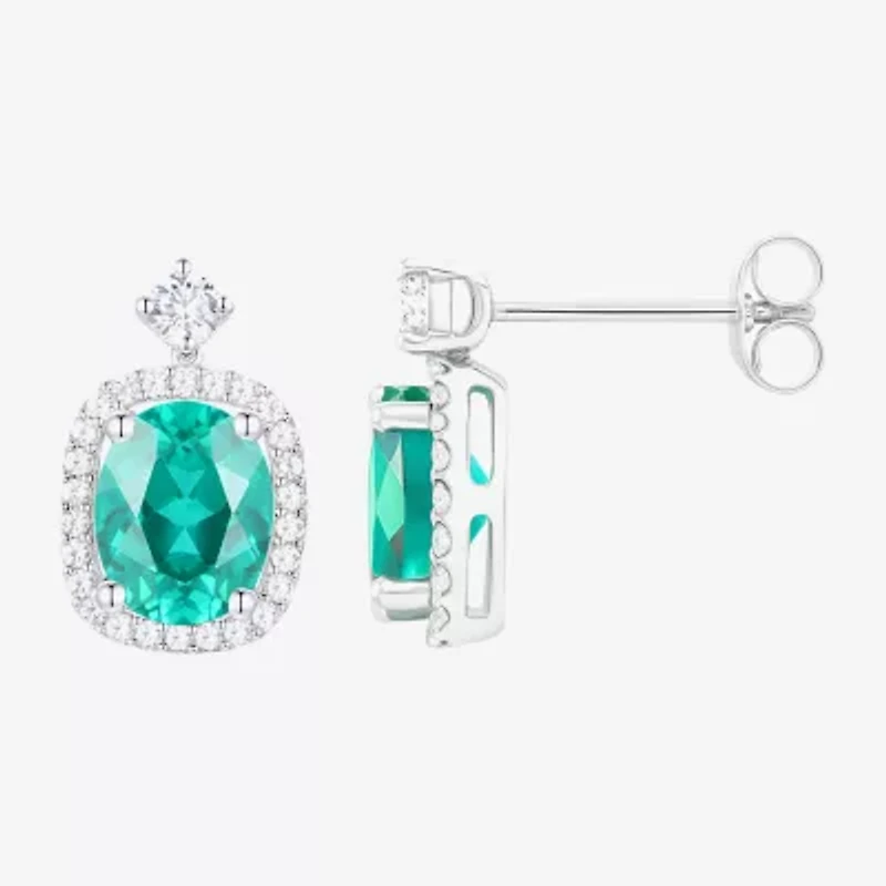 Womens Lab Created Green Yttrium Aluminum Garnet Sterling Silver Oval Drop Earrings