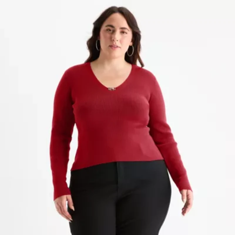 Bold Elements Plus Womens V Neck Long Sleeve Pullover Sweater