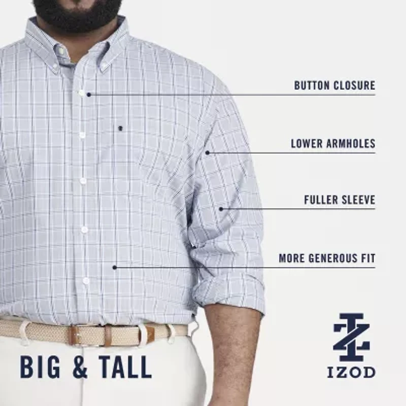 IZOD Performance Comfort Mens Long Sleeve Cuffed Classic Fit Big and Tall Button-Down Shirt