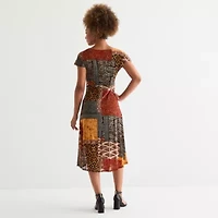 Robbie Bee Womens Short Sleeve Patchwork Midi Fit + Flare Dress