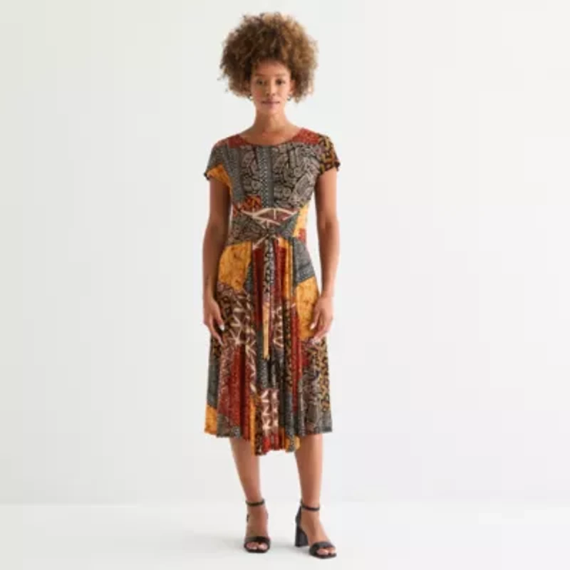 Robbie Bee Womens Short Sleeve Patchwork Midi Fit + Flare Dress