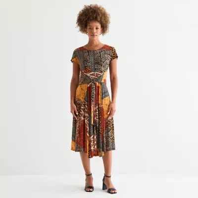Robbie Bee Womens Short Sleeve Patchwork Midi Fit + Flare Dress