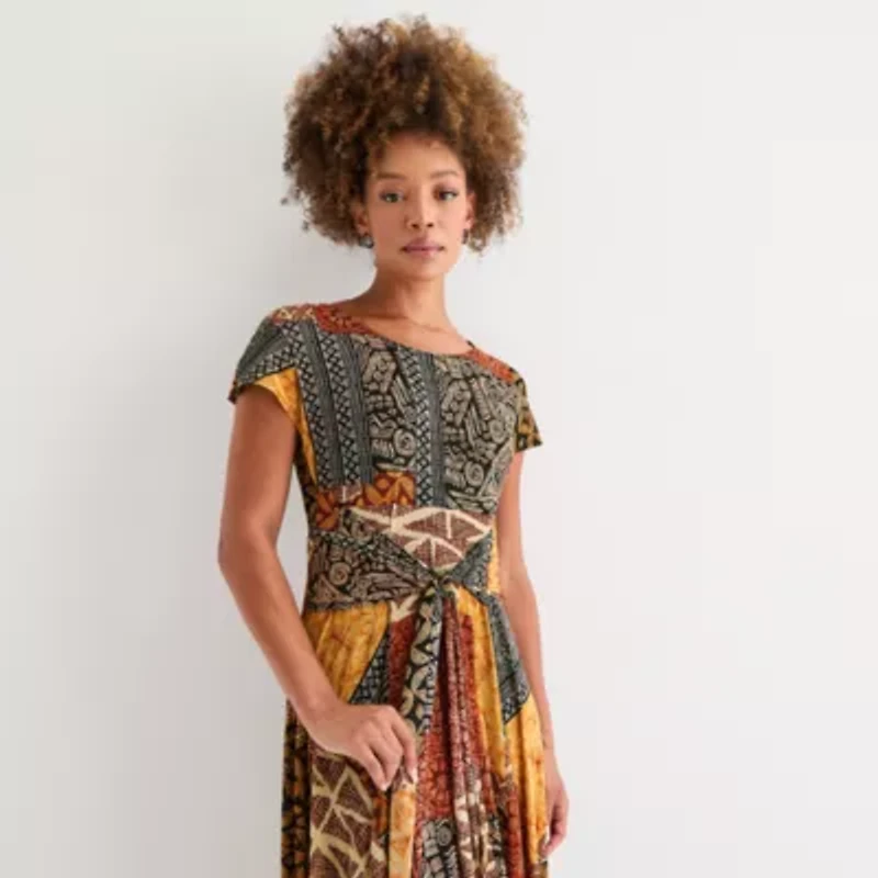 Robbie Bee Womens Short Sleeve Patchwork Midi Fit + Flare Dress