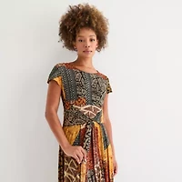 Robbie Bee Womens Short Sleeve Patchwork Midi Fit + Flare Dress