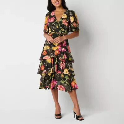 Danny & Nicole Womens Short Sleeve Floral Midi Fit + Flare Dress