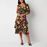 Danny & Nicole Womens Short Sleeve Floral Midi Fit + Flare Dress