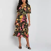 Danny & Nicole Womens Short Sleeve Floral Midi Fit + Flare Dress