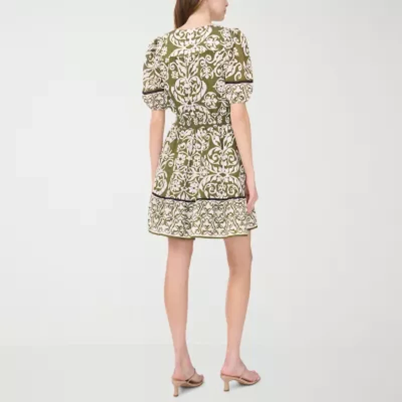 MSK Womens Short Sleeve Scroll Petite Fit + Flare Dress