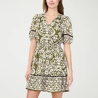 MSK Womens Short Sleeve Scroll Fit + Flare Dress Petite