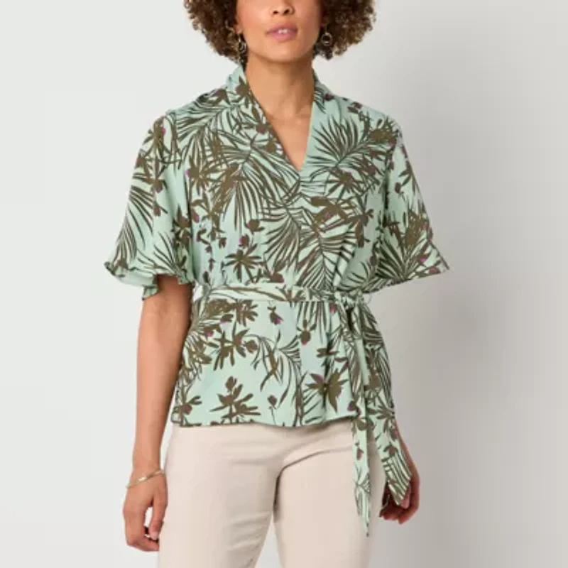 Liz Claiborne Womens V Neck Short Sleeve Satin Tall Blouse