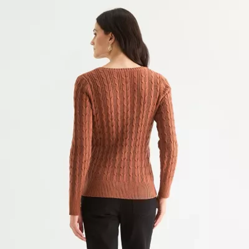 St. John's Bay Tall Womens V Neck Long Sleeve Cable Knit Pullover Sweater