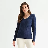 St. John's Bay Tall Womens V Neck Long Sleeve Cable Knit Pullover Sweater