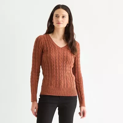 St. John's Bay Tall Womens V Neck Long Sleeve Cable Knit Pullover Sweater