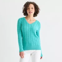 St. John's Bay Tall Womens V Neck Long Sleeve Cable Knit Pullover Sweater