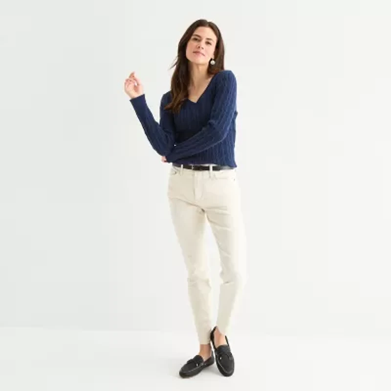 St. John's Bay Tall Womens V Neck Long Sleeve Cable Knit Pullover Sweater