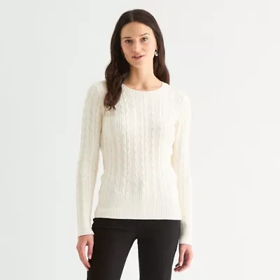 St. John's Bay Tall Womens Crew Neck Long Sleeve Cable Knit Pullover Sweater