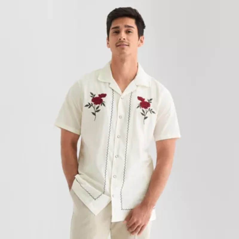 Hope & Wonder Mens Regular Fit Short Sleeve Embroidered Button-Down Shirt
