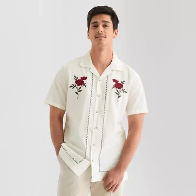 Hope & Wonder Mens Regular Fit Short Sleeve Embroidered Button-Down Shirt