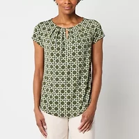 Liz Claiborne Womens Keyhole Neck Short Sleeve Blouse