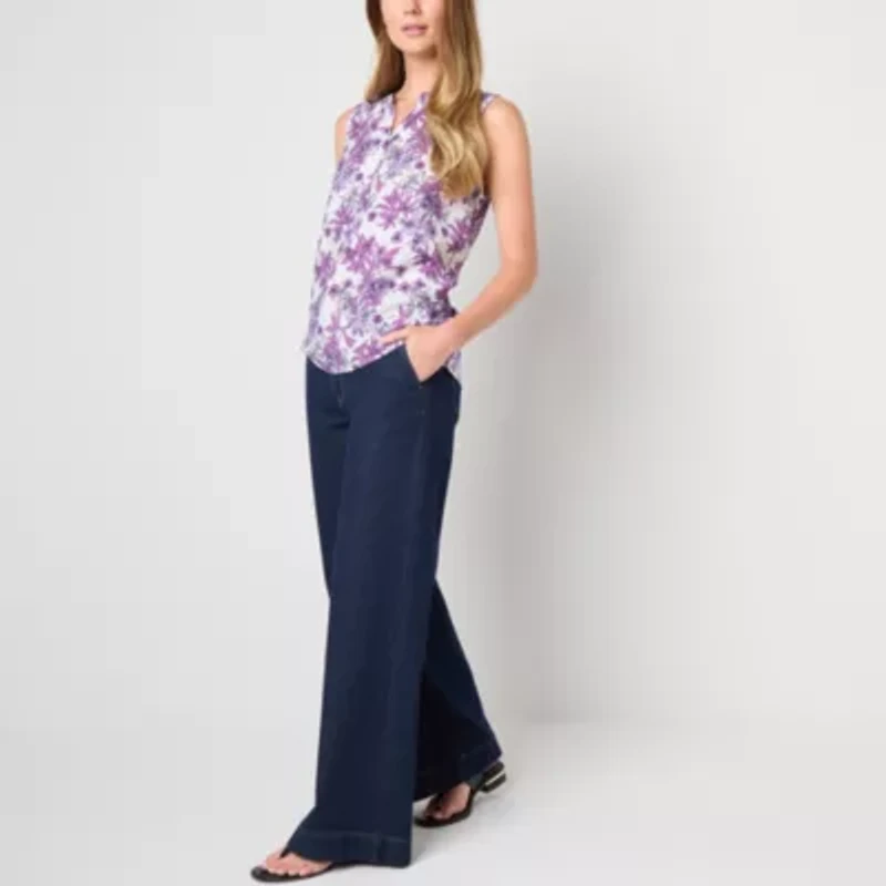 Liz Claiborne Womens Split Crew Neck Sleeveless Blouse