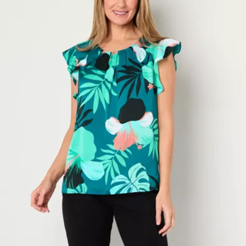 Liz Claiborne Womens Crew Neck Short Sleeve Satin Blouse