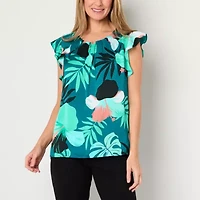 Liz Claiborne Womens Crew Neck Short Sleeve Satin Blouse