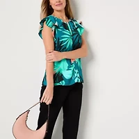Liz Claiborne Womens Crew Neck Short Sleeve Satin Blouse