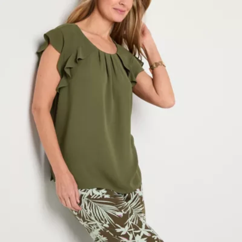 Liz Claiborne Womens Crew Neck Short Sleeve Satin Blouse