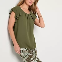 Liz Claiborne Womens Crew Neck Short Sleeve Satin Blouse
