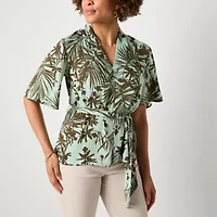 Liz Claiborne Womens V Neck Short Sleeve Satin Blouse