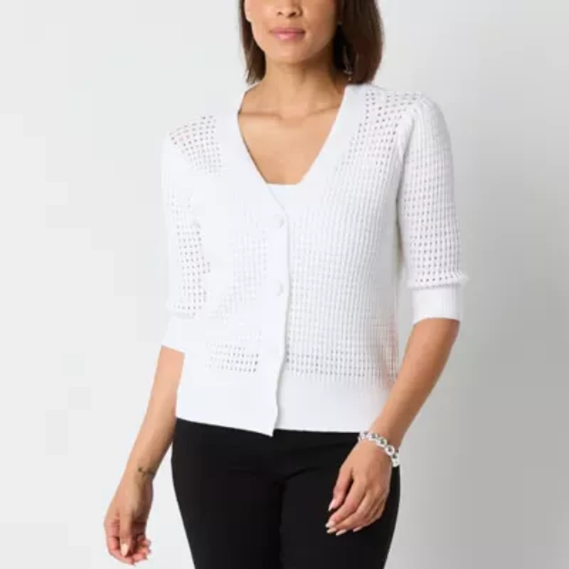 Liz Claiborne Womens V Neck Elbow Sleeve Button Cardigan
