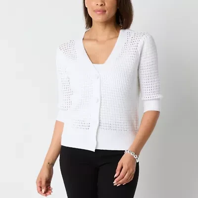 Liz Claiborne Womens V Neck Elbow Sleeve Button Cardigan