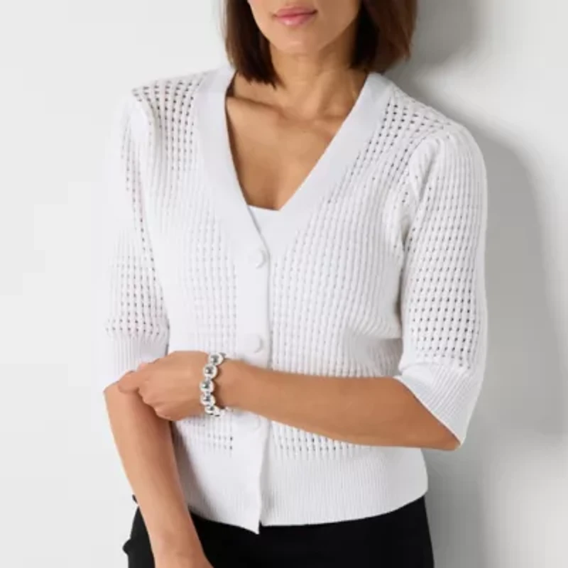 Liz Claiborne Womens V Neck Elbow Sleeve Button Cardigan