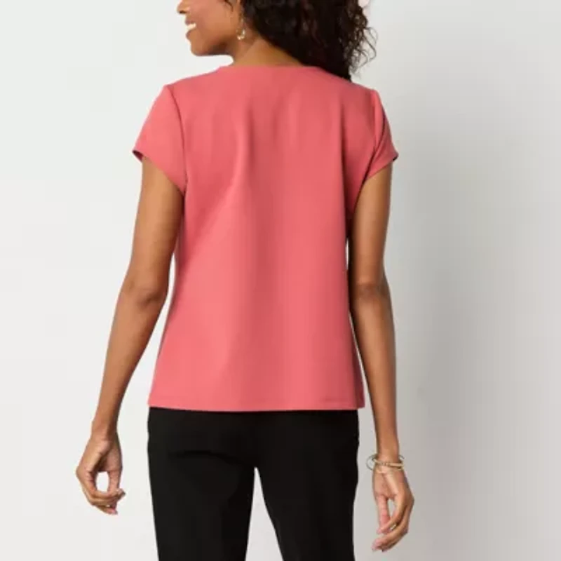 Liz Claiborne Womens Round Neck Short Sleeve Adaptive Petite Blouse