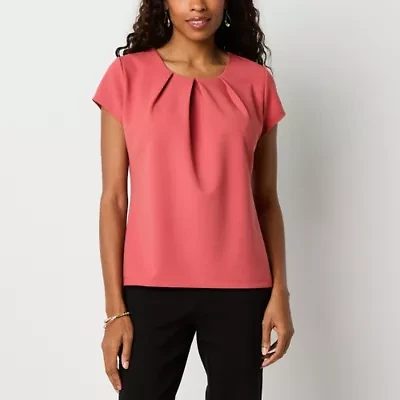 Liz Claiborne Womens Round Neck Short Sleeve Adaptive Petite Blouse
