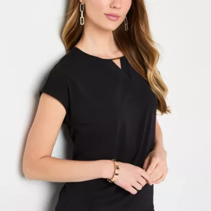 Liz Claiborne Womens Keyhole Neck Short Sleeve Blouse