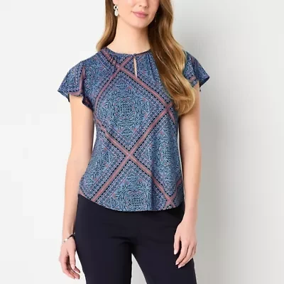 Liz Claiborne Womens Keyhole Neck Short Sleeve Blouse
