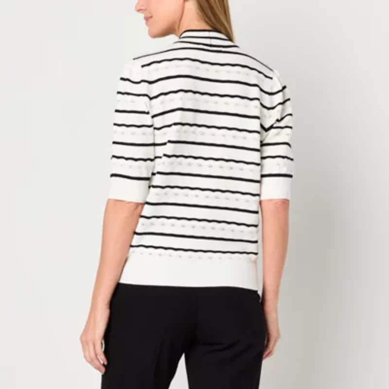 Liz Claiborne Womens Split Tie Neck Short Sleeve Striped Pullover Sweater