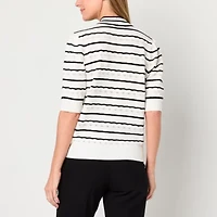 Liz Claiborne Womens Split Tie Neck Short Sleeve Striped Pullover Sweater