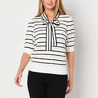 Liz Claiborne Womens Split Tie Neck Short Sleeve Striped Pullover Sweater