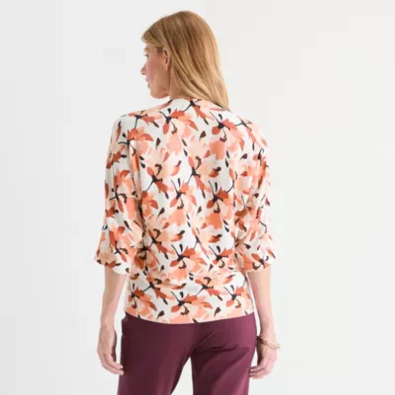 Liz Claiborne Womens V Neck Short Sleeve Floral Pullover Sweater