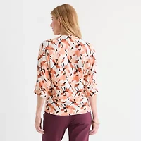 Liz Claiborne Womens V Neck Short Sleeve Floral Pullover Sweater