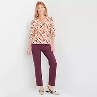 Liz Claiborne Womens V Neck Short Sleeve Floral Pullover Sweater