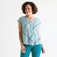 Liz Claiborne Womens V Neck Short Sleeve Satin Blouse